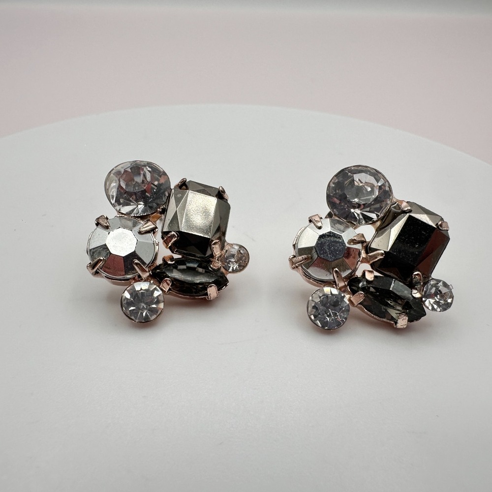 Vintage 80s Smoky Crystal Cluster Stud Earrings Rose Gold Statement Jewelry